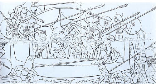 Part of the battle between Rameses III and the Sea Peoples